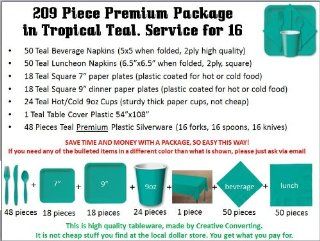 209 Piece Premium Party Supplies Package in Tropical Teal Color, has cutlery, plates, cups, napkins, forks, knives, spoons, and tablecloth. For weddings, anniversary, baby shower, birthday, any Party. Kitchen & Dining