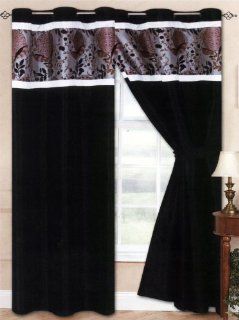 4 Pc Satin Striped Flocking Cascade Floral Window Curtain Set Silver Black White   Window Treatment Curtains