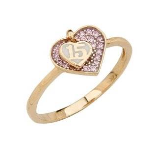 14K Yellow Gold High Polish Pave Set Pink Top Quality Shines CZ 15 Anos Quinceanera Heart Design Ladies Fashion Ring Band Goldenmine Jewelry