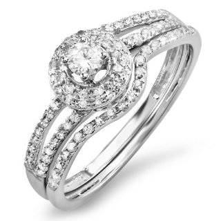 0.48 Carat (ctw) 14k White Gold Round Cut Diamond Ladies Bridal Split Shank Halo Style Engagement Ring Set With Matching Band 1/2 CT Jewelry