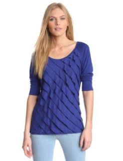 AGB Women's Scoop Neck Ruffle Knit Top with Three Quarter Sleeve, Cobalt Blue, Large Clothing