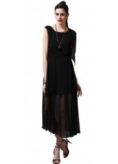 Maxchic Women's Asymmetrical Sleeve Semi See through Silk Maxi Dress C08134G13M, Black, Large