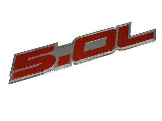 5.0L Emblem in Red on Highly Polished Aluminum Silver Chrome Engine Swap Badge for Ford Mustang GT F 150 Boss 302 Coyote Cobra GT500 V8 Crown Vic Victoria Automotive