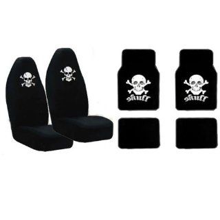 Set of 2 Universal Fit High Back Front Bucket Seat Cover With Embroider Logo   White Cross Skull Crossbone and Matching Floor Mats Automotive