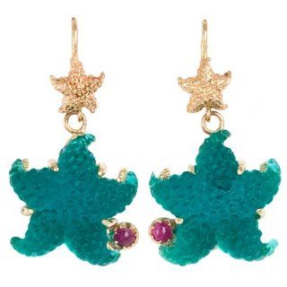 Tagliamonte   14k Yellow Gold Blue Green Starfish and Pink Tourmaline Earrings Jewelry