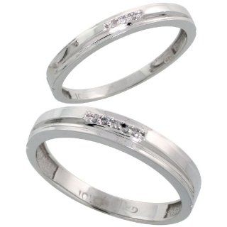10k White Gold Diamond Wedding Rings Set for him 4 mm and her 3 mm 2 Piece 0.05 cttw Brilliant Cut, ladies sizes 5   10, mens sizes 8   14 Jewelry
