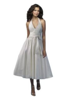 Sexy A Line/Princess Halter Tea Length Wedding Dress With Ruffle/Applique Satin
