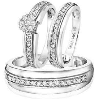 3/4 CT. T.W. Round Cut Diamond Women's Engagement Ring, Ladies Wedding Band, Men's Wedding Band Matching Set 14K White Gold   Free Gift Box MyTrioRings Jewelry
