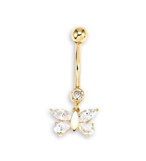 New 14k Yellow Gold Oval CZ Butterfly Belly Button Ring Jewelry