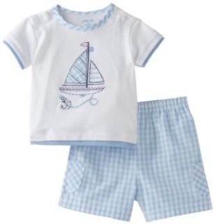 Little Me Baby boys Newborn Sail Boat Short Set, Blue Check, 6 Months Clothing