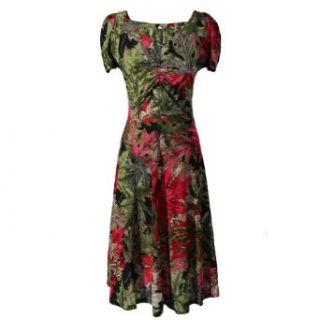 Gamiss Women's Plus Size V Neck Short Sleeve Slimming Red Flowers Print Dress,Green,Regular Sizing 14 Clothing