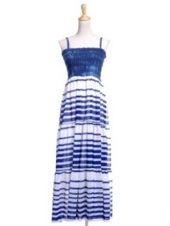 Anna Kaci S/M Fit Blue Mediterranean Inspired Horizontal Stripes Maxi Dress Clothing
