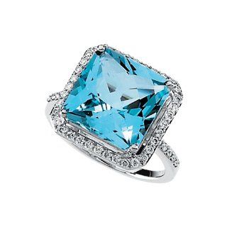14K White Gold 1/2 ct. Diamond and 8 7/8 ct. Square Shaped Swiss Blue Topaz Ring Katarina Jewelry