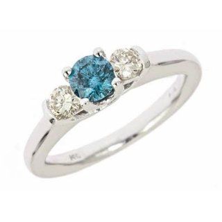 3/4ct 3Three Stone White and Blue Diamond Engagement Ring 14 K White Gold (SI1 SI2 Clarity, H Color) Jewelry
