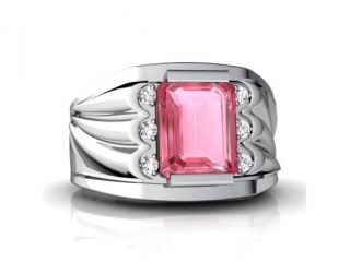 Pink Sapphire Men's  Men's Ring 14K White Gold Lab Created Emerald cut