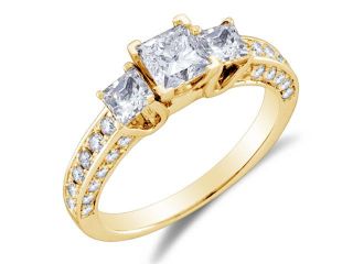 14K Yellow Gold Large Diamond Classic Traditional Engagement Ring with Side Stones   3 Three Stone Center Setting Shape w/ Channel Invisible Set Princess Cut & Round Diamonds   (1.50 cttw, G H, SI2)