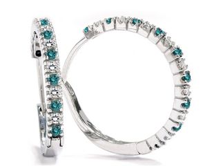 1/2CT Blue & White Diamond Hoops White Gold Earrings 14K Womens Prong & Gift Box