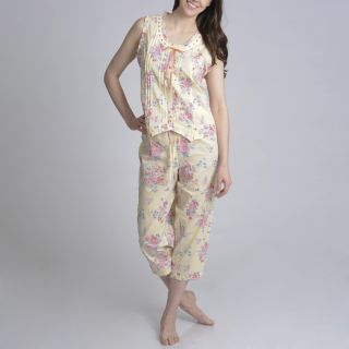 La Cera Womens Yellow Floral Printed Ribbon Trim Pajama Set