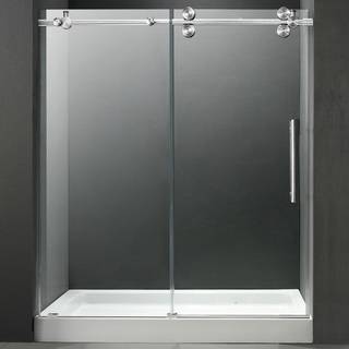Vigo 60 inch Frameless Center Drain Shower Door 0.375 inch Clear Glass With White Base