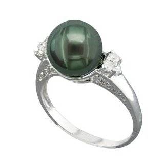 14K White Gold 9 10mm Tahitian Black Pearl and Diamond Ring R 2624W AM