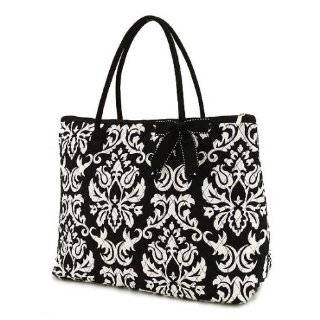 Belvah Quilted Damask Print Large Tote Bag   Black & White (18 x 14.5 